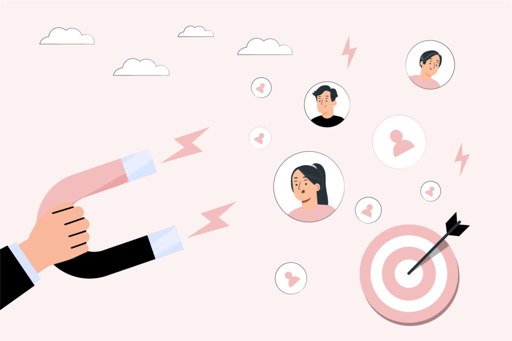 Infographic showcasing a person holding a magnet trying to attract prospects as targets