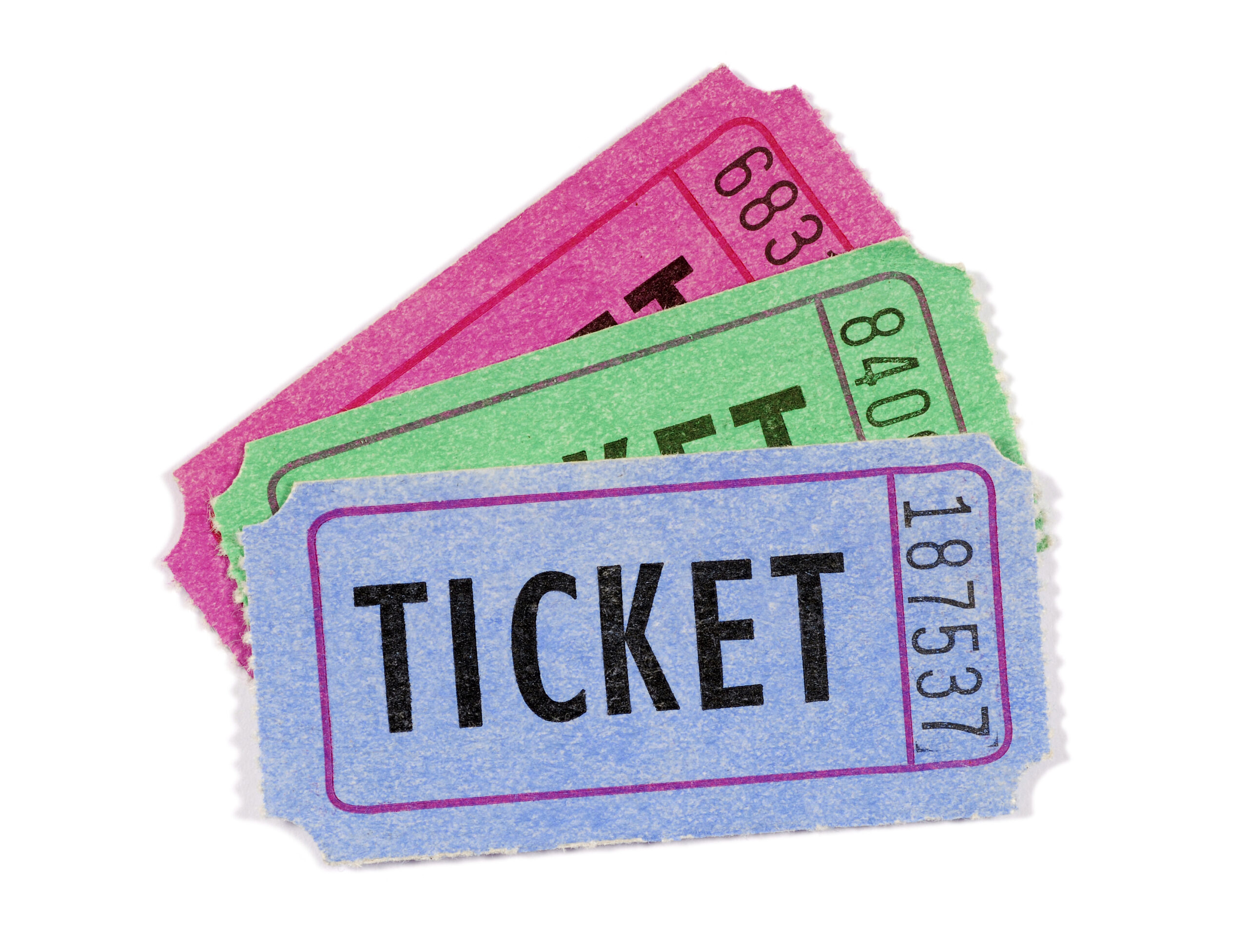 Several movie or raffle tickets, close up, white background